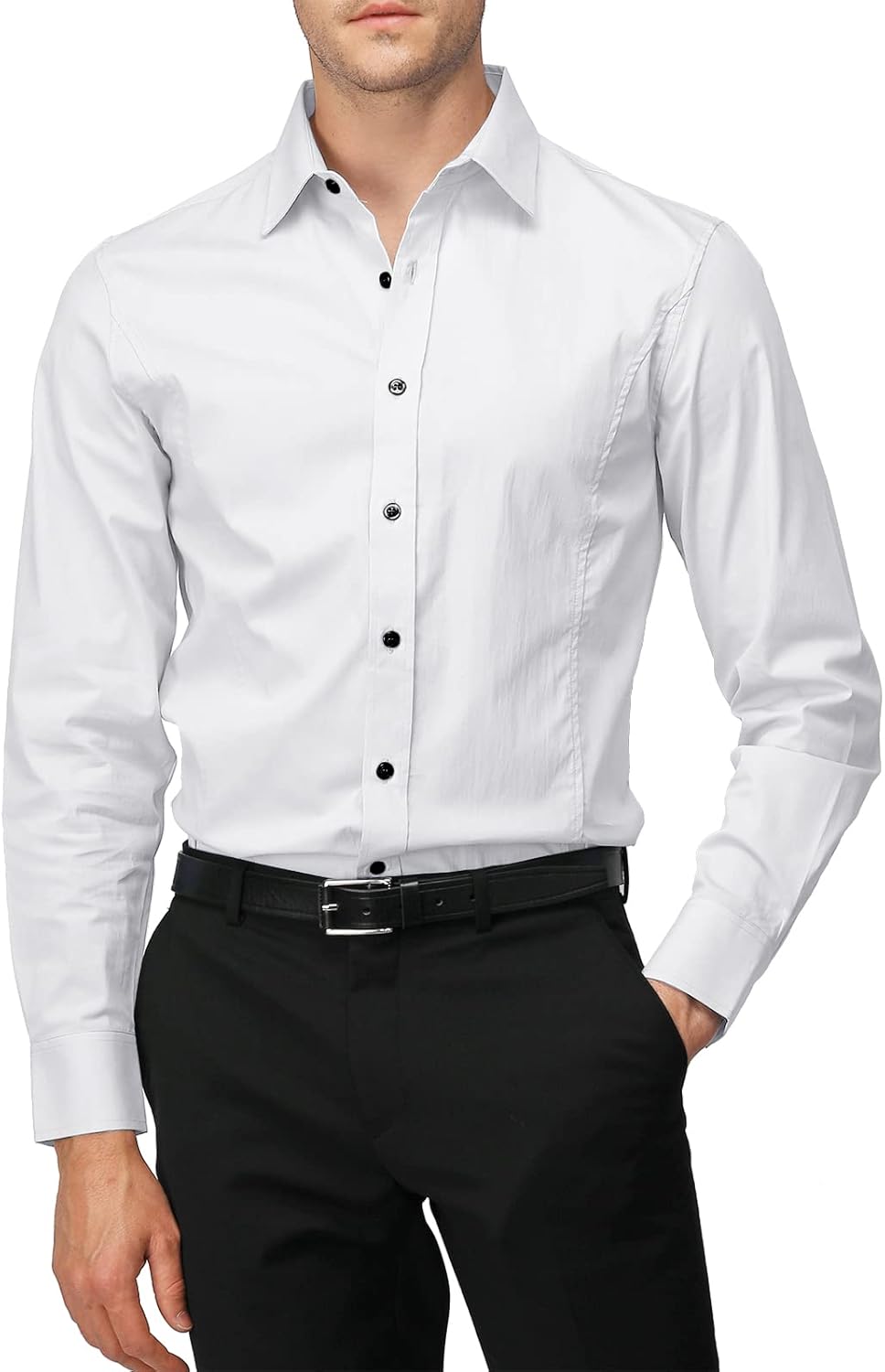 H2H Mens Slim Fit Dress Shirts Stretch Long Sleeve Basic Formal Shirts Solid Business Casual Button Down Shirts