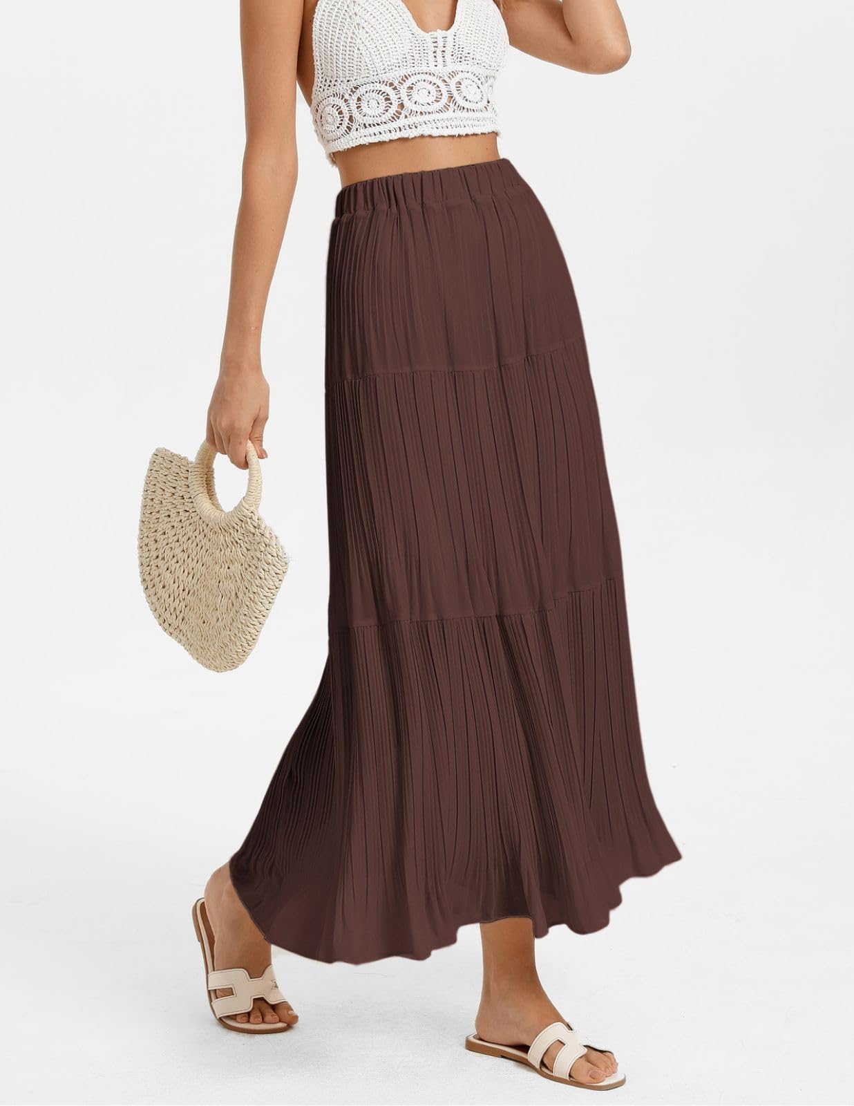 Kate Kasin 2026 Women's Chiffon Maxi Skirt, High Waist Pleated Skirts, Summer Flowy Long Skirts with Underskirt