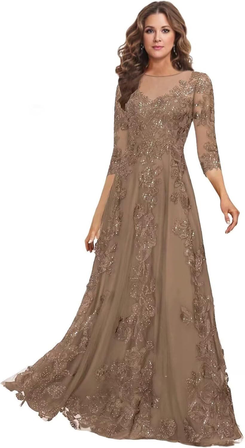 Lace Mother of the Bride Dress Long for Wedding Party Guest 3/4 Sleeves Formal Evening Gown JH028