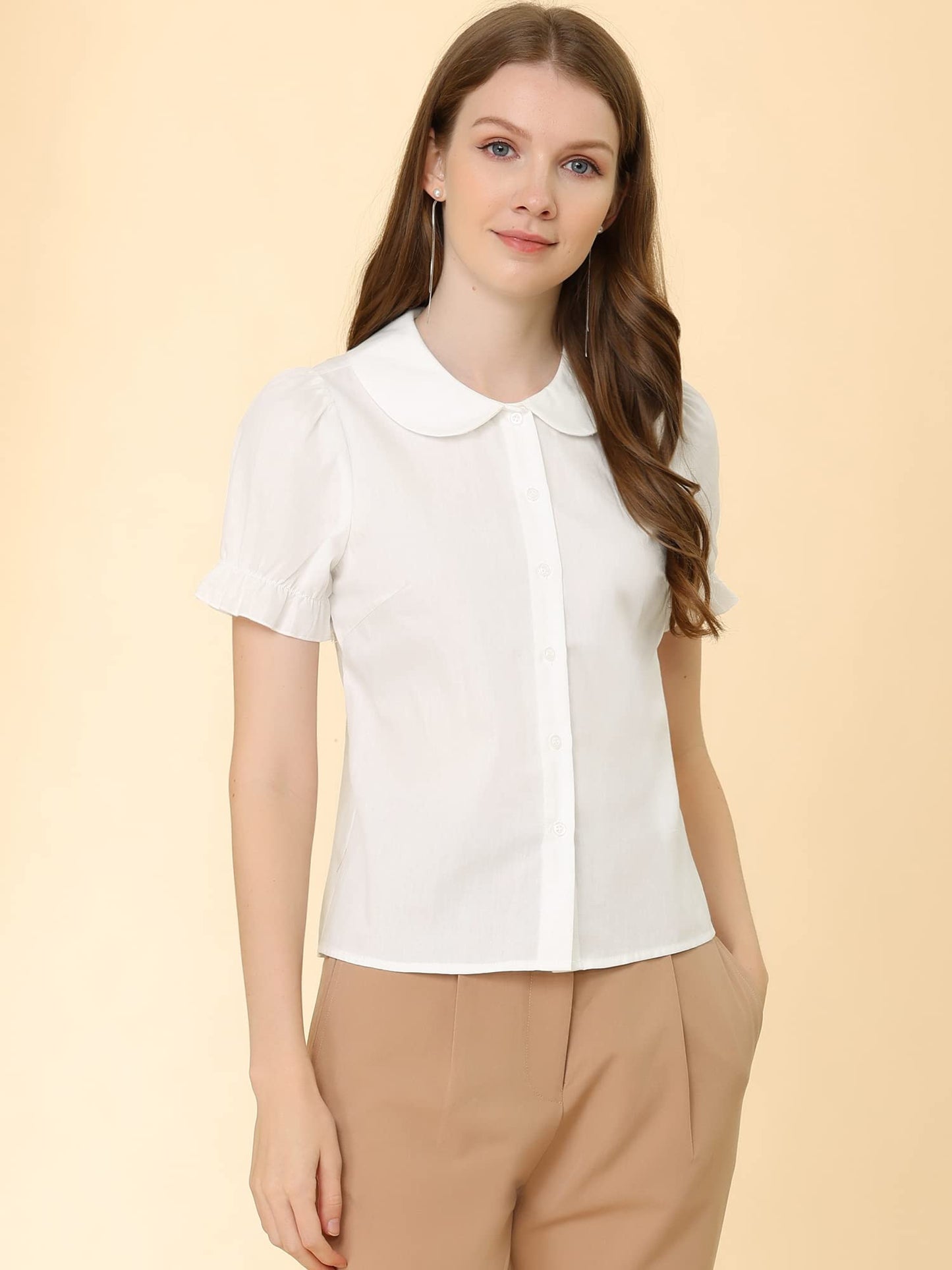 Allegra K Women's Vintage Peter Pan Collar Tie Neck Casual Cute Cotton Button-Up Shirt
