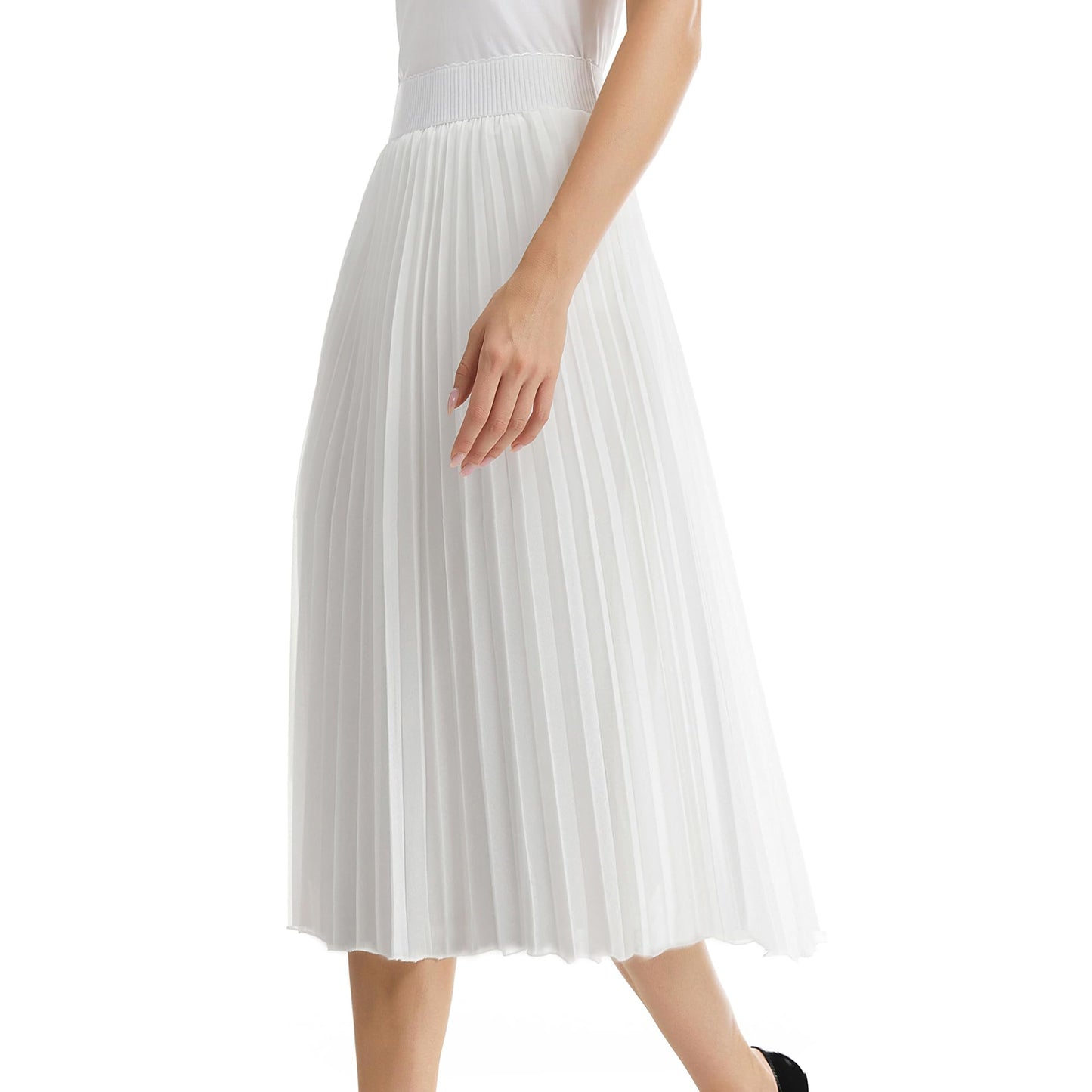 Womens Chiffon High Waist Skirt Pleated A-Line Swing Elastic Shirring Midi Length