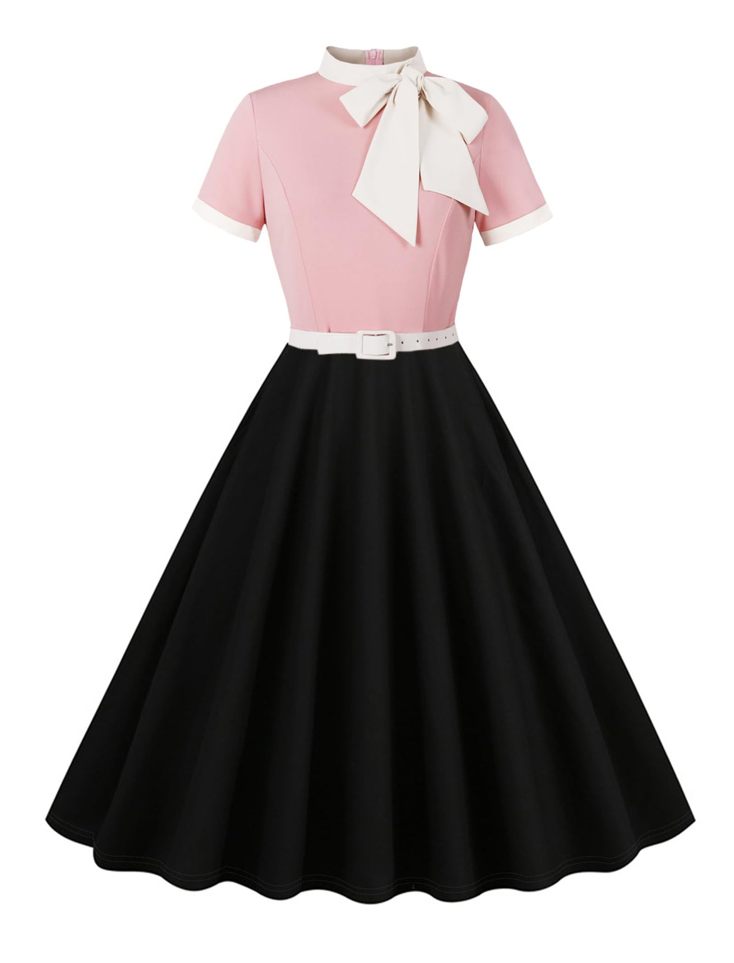 50s Style Dresses for Women Vintage Short Sleeve Tie Neck Swing Dress Midi Prom Dress with Belt