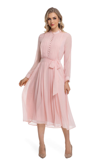 Women's 2026 Spring Fall Midi Dress with Belt Casual Long Sleeve Lace V Neck Pleated A Line Flowy Dresses for Work or Daily