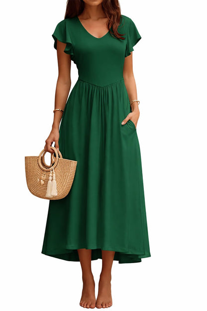 YUNDAI Women's Scoop Neck Flutter Sleeve Midi Dress with Pocket Elegant Flowy A Line Tie Back Dress