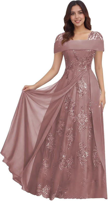 Lace Sequin Applique Mother of The Bride Dresses for Wedding Cap Sleeve A Line Long Wedding Guest Dresses for Women