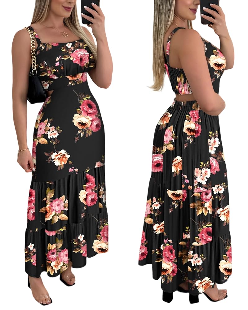 CHICME Summer Dresses for Women 2026 Sleeveless Casual Boho Maxi Dress Square Neck Cut Out Floral A Line Dress