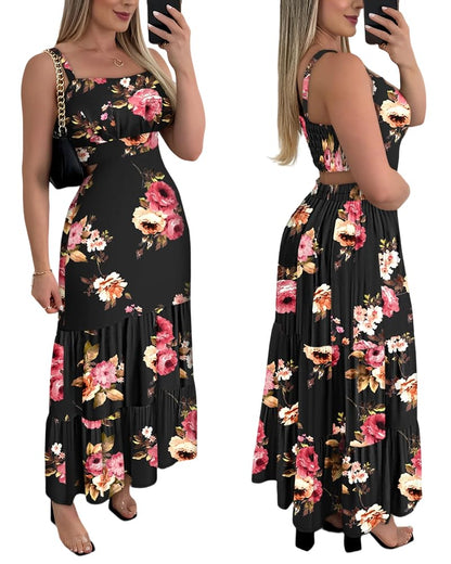 CHICME Summer Dresses for Women 2026 Sleeveless Casual Boho Maxi Dress Square Neck Cut Out Floral A Line Dress