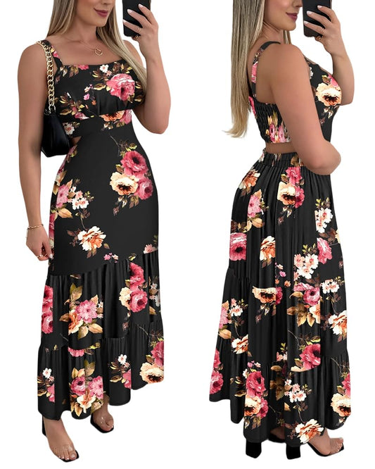 CHICME Summer Dresses for Women 2026 Sleeveless Casual Boho Maxi Dress Square Neck Cut Out Floral A Line Dress