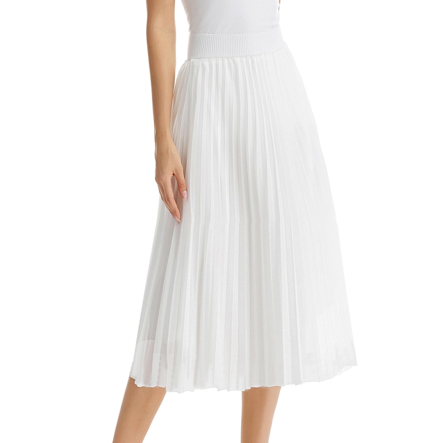 Womens Chiffon High Waist Skirt Pleated A-Line Swing Elastic Shirring Midi Length
