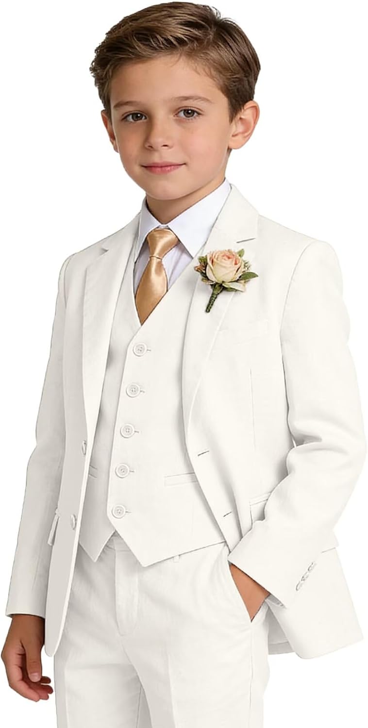 Boys Linen Suit Formal 3 Piece Toddler Tuxedo for Summer Beach Wedding Outfit Slim Fit Kids Suits Jacket Vest Pants