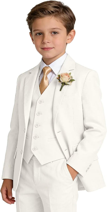Boys Linen Suit Formal 3 Piece Toddler Tuxedo for Summer Beach Wedding Outfit Slim Fit Kids Suits Jacket Vest Pants