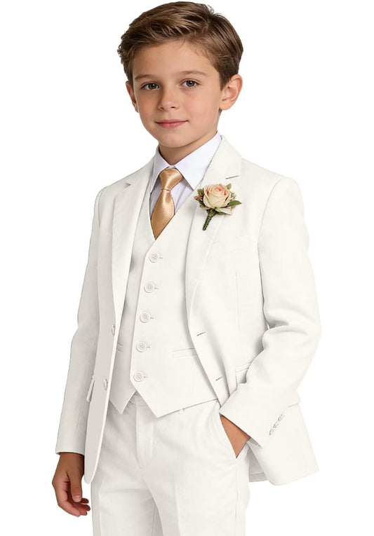 Boys Linen Suit Formal 3 Piece Toddler Tuxedo for Summer Beach Wedding Outfit Slim Fit Kids Suits Jacket Vest Pants