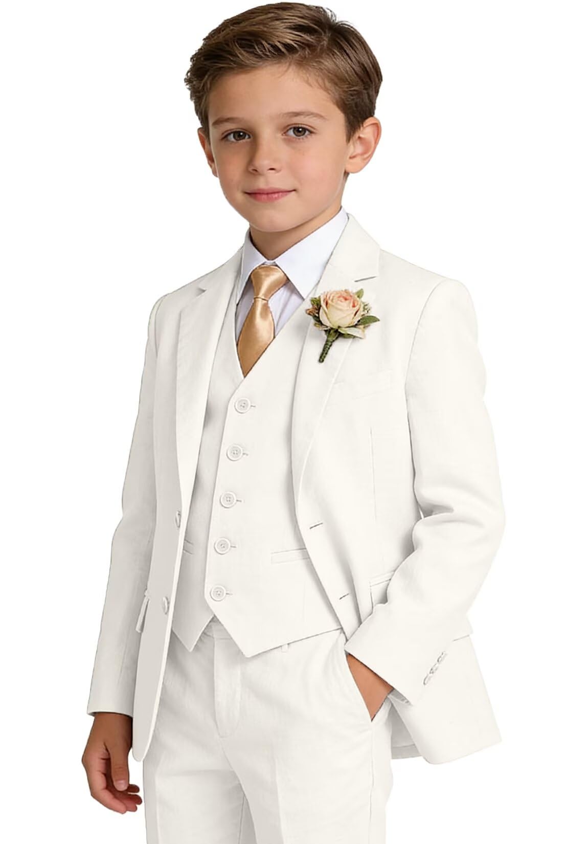 Boys Linen Suit Formal 3 Piece Toddler Tuxedo for Summer Beach Wedding Outfit Slim Fit Kids Suits Jacket Vest Pants