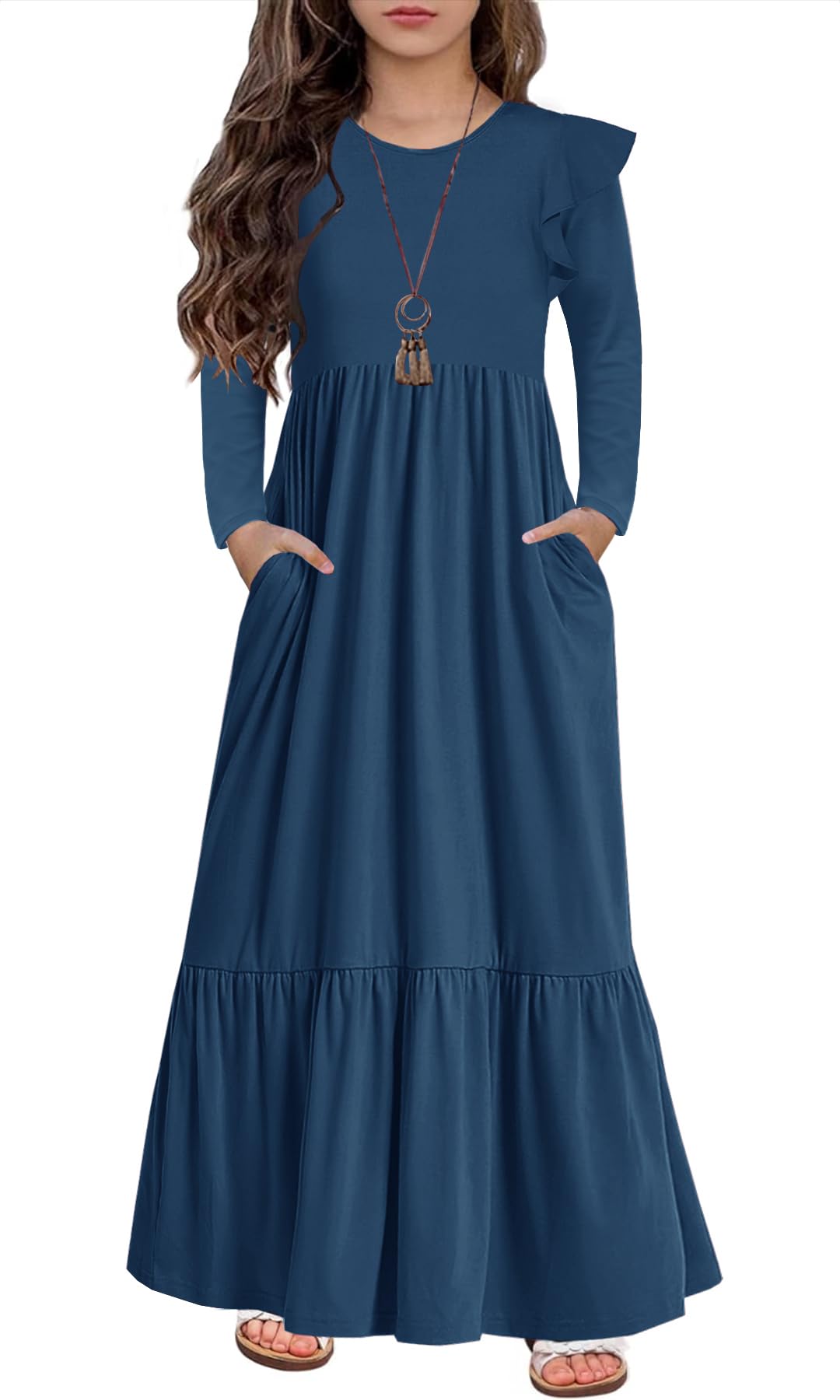 HOSIKA Girls Fall Ruffle Long Sleeve Crew Neck Loose Casual Flowy Tiered Maxi Dress with Pockets for 6-12 Y