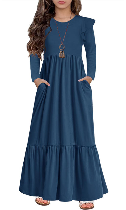 HOSIKA Girls Fall Ruffle Long Sleeve Crew Neck Loose Casual Flowy Tiered Maxi Dress with Pockets for 6-12 Y