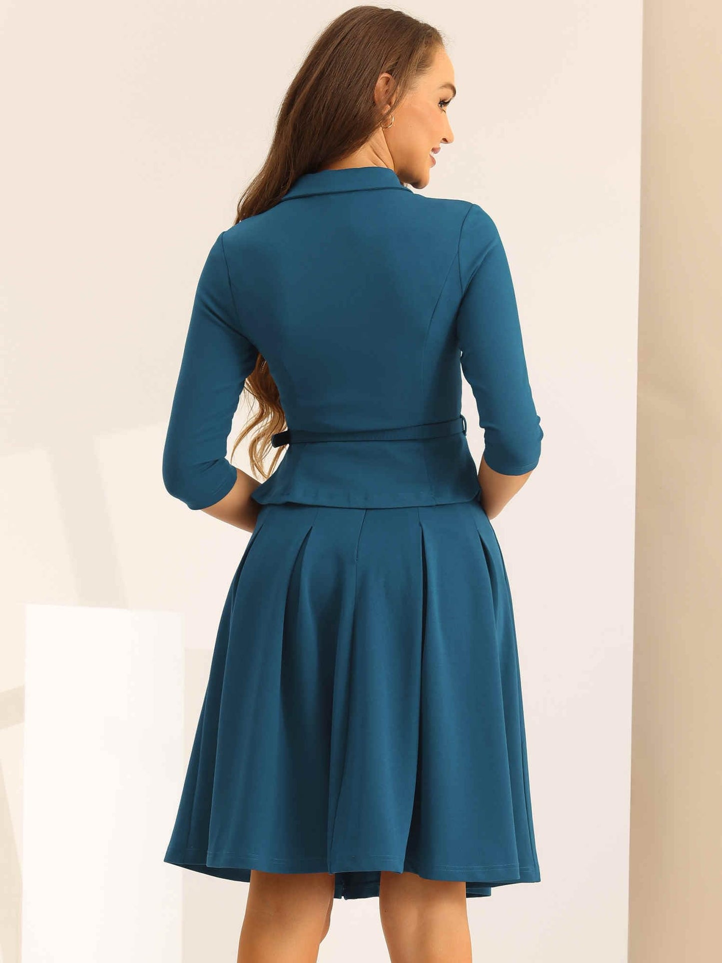 Allegra K Business Skirt Suit Sets for Women's 2 Piece Outfits Office 3/4 Sleeve Blazer Jacket Pleated Skirts