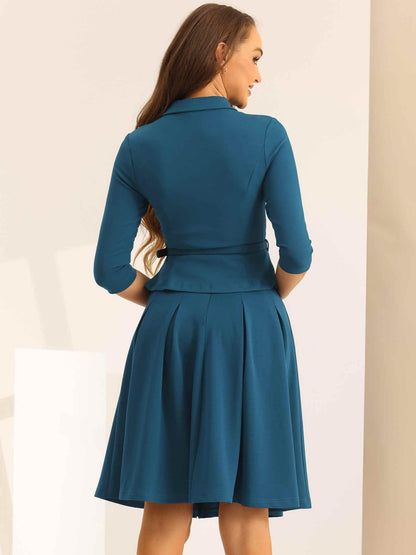 Allegra K Business Skirt Suit Sets for Women's 2 Piece Outfits Office 3/4 Sleeve Blazer Jacket Pleated Skirts