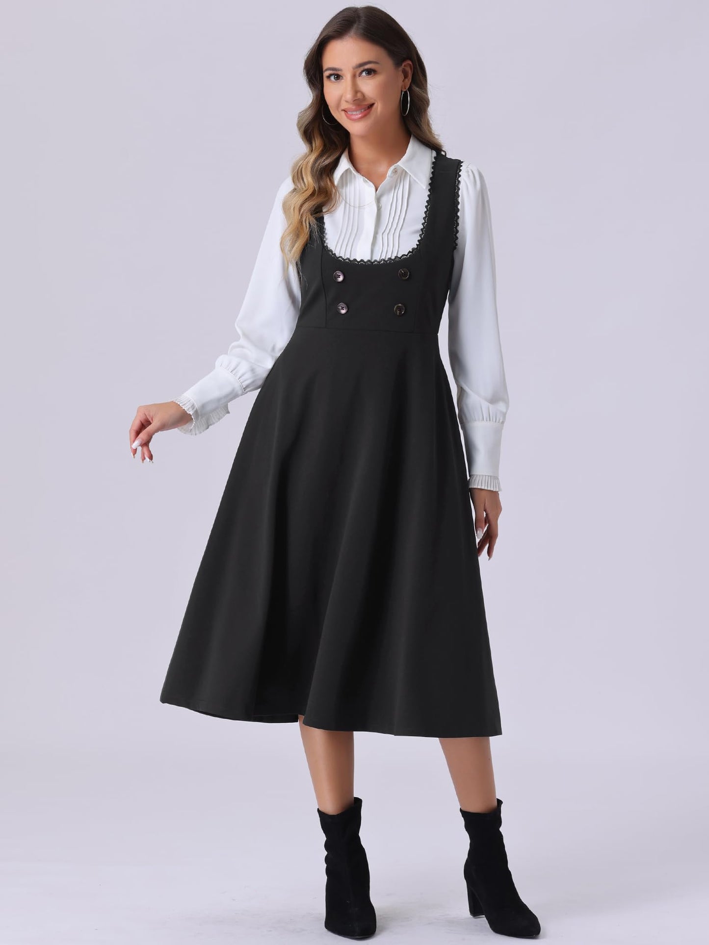 Allegra K Vintage Pinafore Dress for Women's 1950s Lace Trrim Midi Overall Dress with Pockets