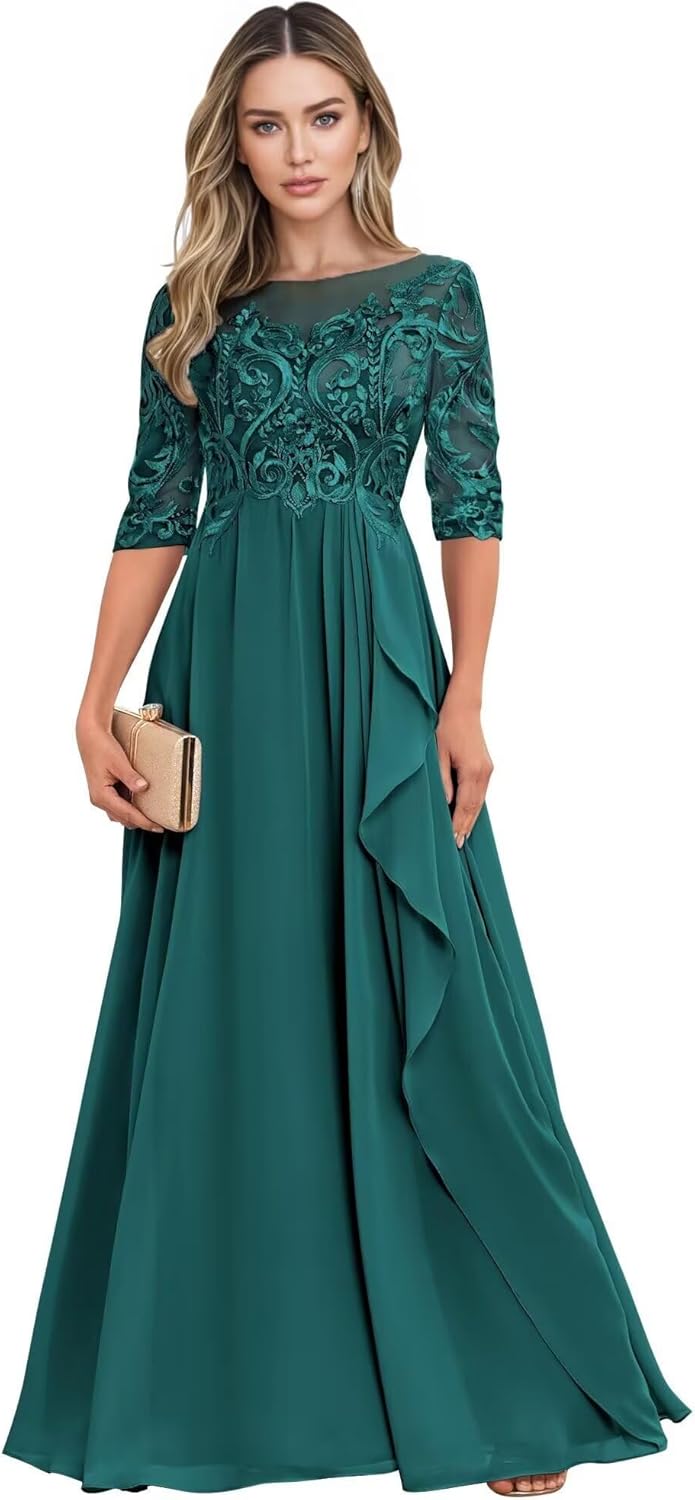 Long Mother of The Bride Dresses for Wedding Guest Half Sleeves Ruffle A Line Evening Party Gown HX012