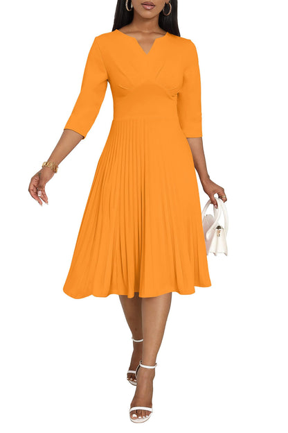 CLOCOR Midi Dresses for Women, 3/4 Sleeve A Line Pleated Casual Dress V Neck Church Cocktail Wedding Guest Dress