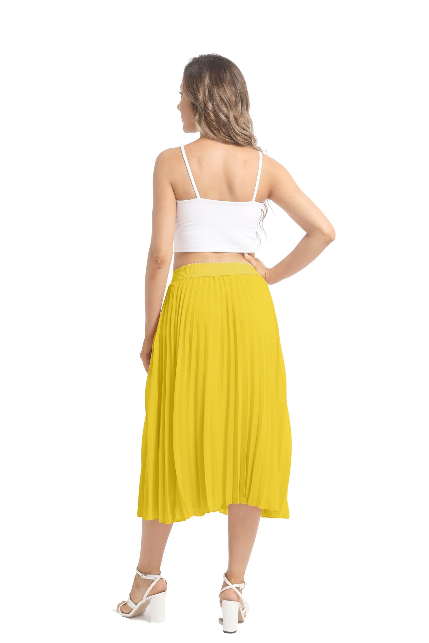 Womens Chiffon High Waist Skirt Pleated A-Line Swing Elastic Shirring Midi Length