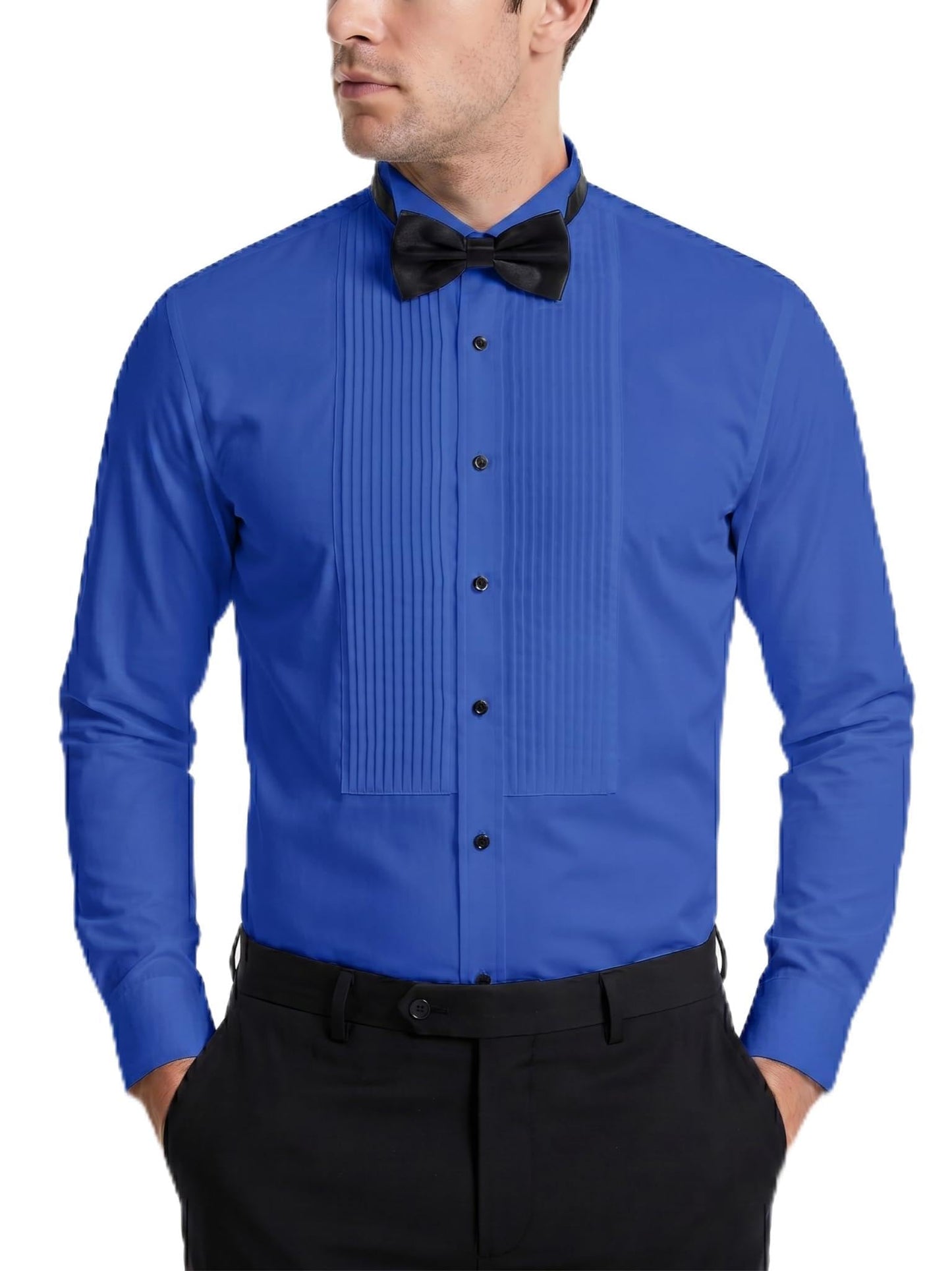 FAHIZO Men's White Tuxedo Shirt with Wing Collar, French Cuffs & Accessories