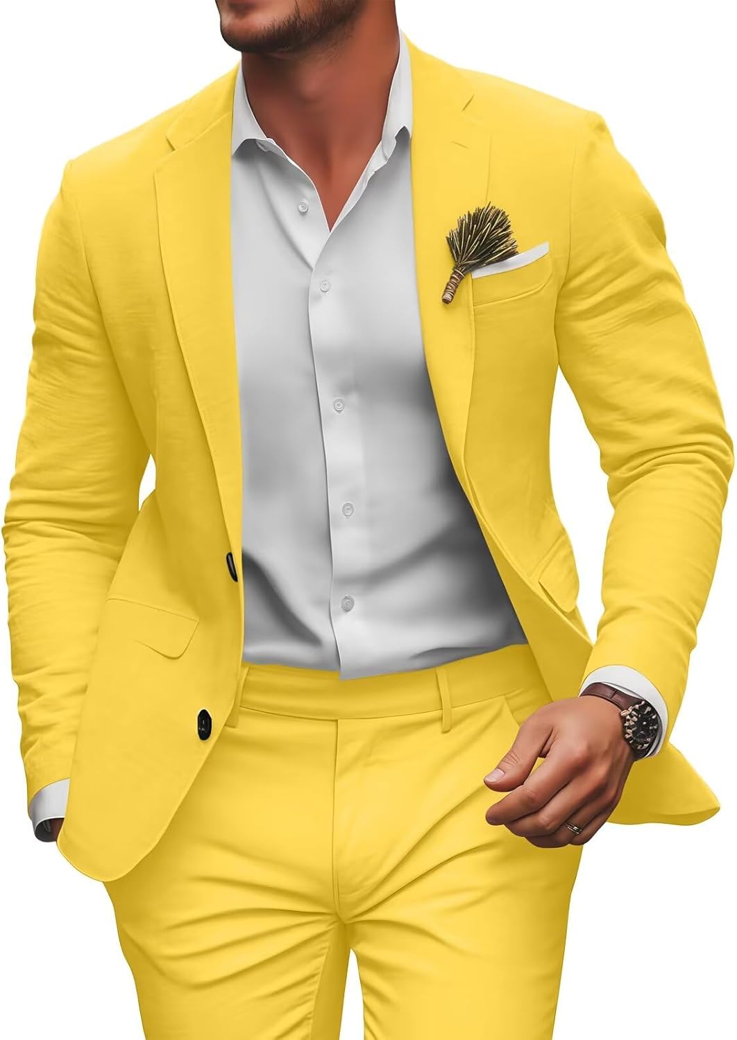 Retro Linen Mens Suit 2 Pieces Slim Fit Light Weight Beach Summer Wedding Tuxedo Set Jacket Blazer Pants for Men