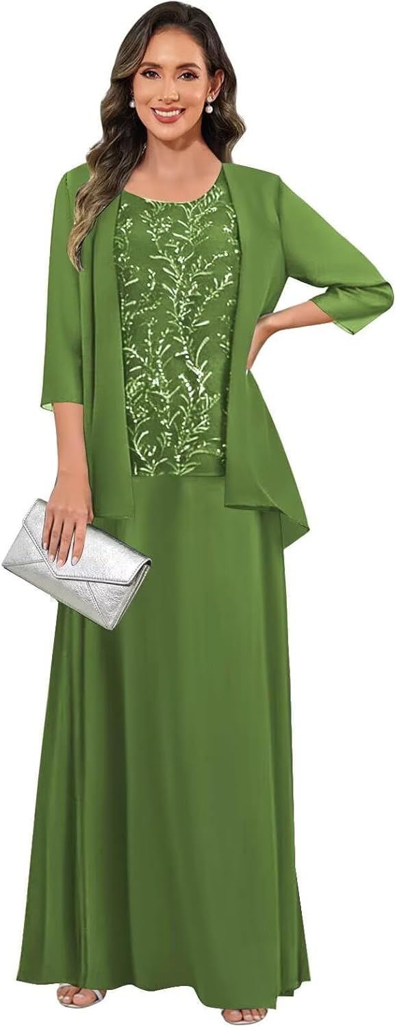 3 Pieces Mother of The Bride Dresses for Women 3/4 Sleeves Chiffon Lace Long Formal Wedding Guest Dress