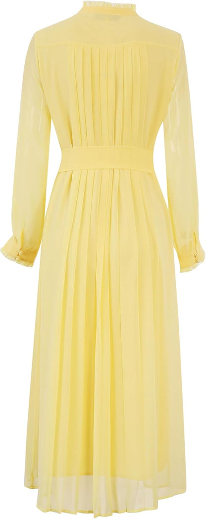 Women's 2026 Spring Fall Midi Dress with Belt Casual Long Sleeve Lace V Neck Pleated A Line Flowy Dresses for Work or Daily