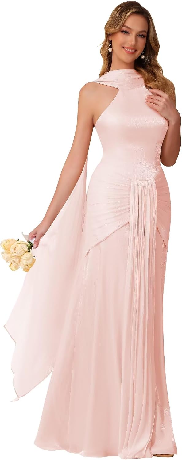 Halter Bridesmaid Dresses Long with Scarf Shimmer Chiffon Formal Dress Pleated Mermaid Evening Gowns for Women