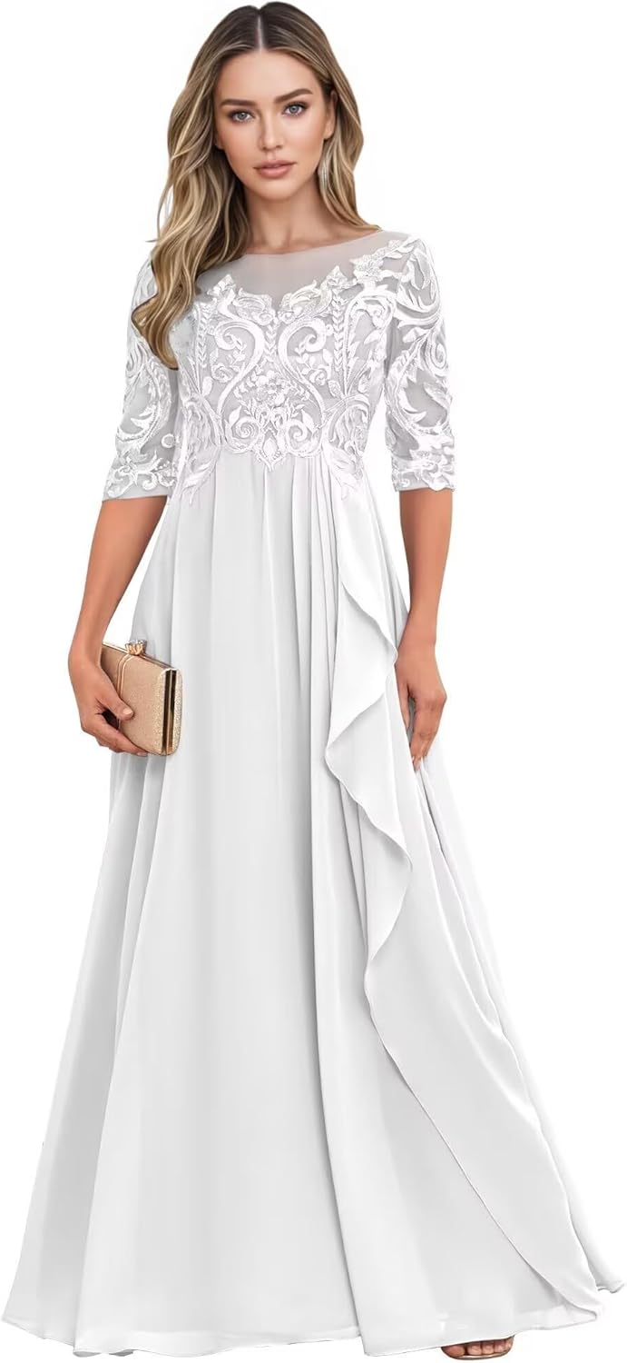 Long Mother of The Bride Dresses for Wedding Guest Half Sleeves Ruffle A Line Evening Party Gown HX012
