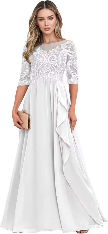 Long Mother of The Bride Dresses for Wedding Guest Half Sleeves Ruffle A Line Evening Party Gown HX012