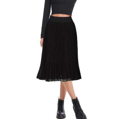 Womens Chiffon High Waist Skirt Pleated A-Line Swing Elastic Shirring Midi Length