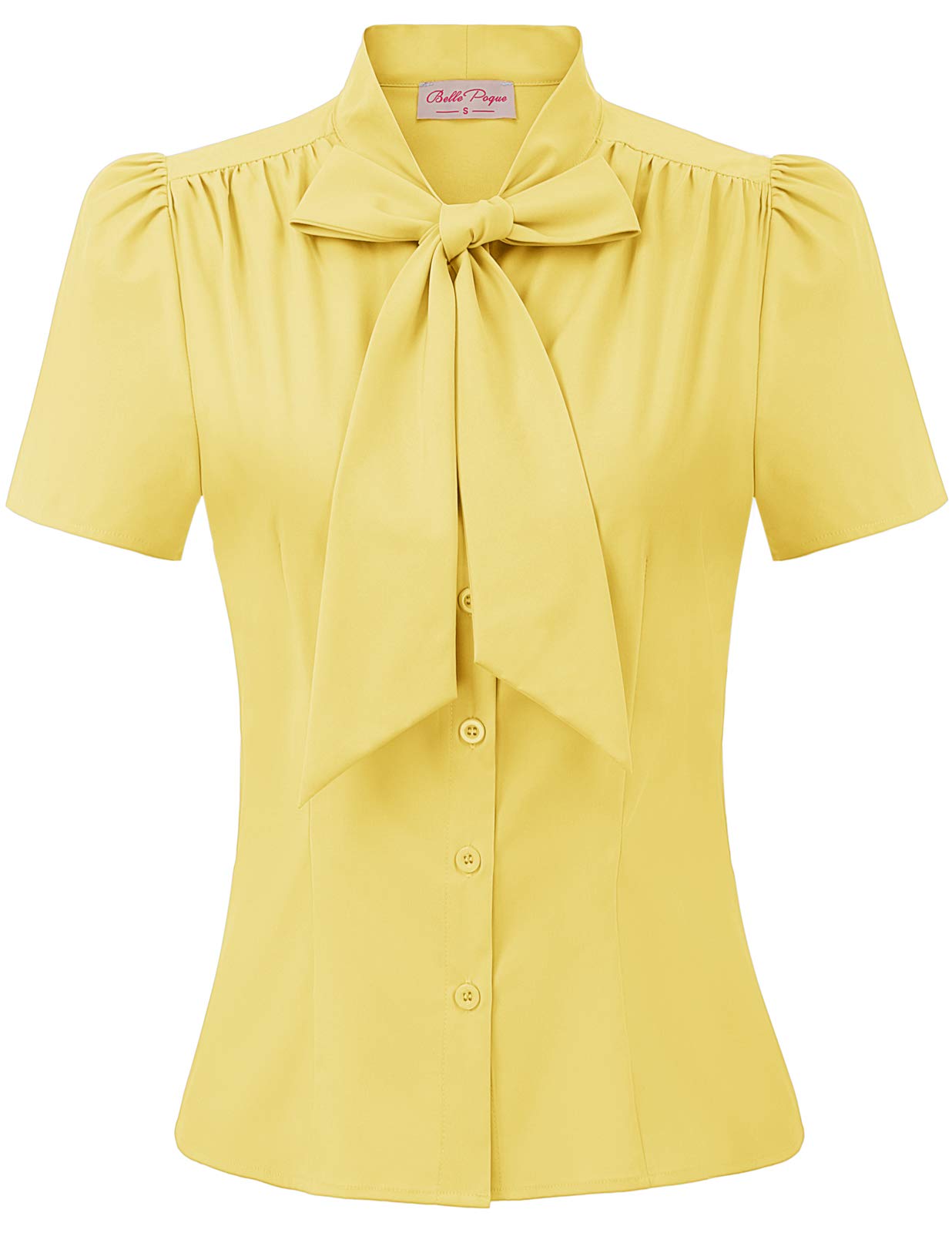 Belle Poque Summer Short Sleeve Office Button Down Blouse Stripe Shirt Tops with Bow Tie BP573