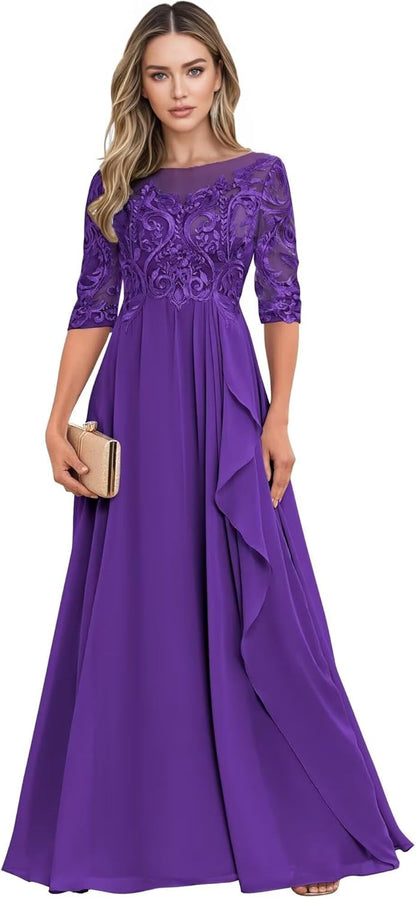 Long Mother of The Bride Dresses for Wedding Guest Half Sleeves Ruffle A Line Evening Party Gown HX012