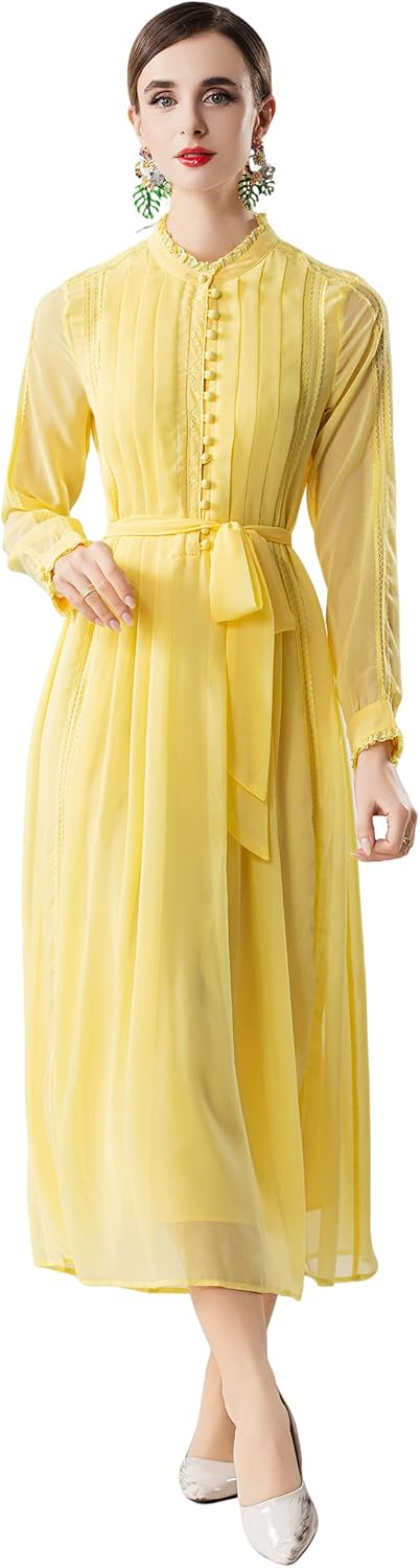 Women's 2026 Spring Fall Midi Dress with Belt Casual Long Sleeve Lace V Neck Pleated A Line Flowy Dresses for Work or Daily