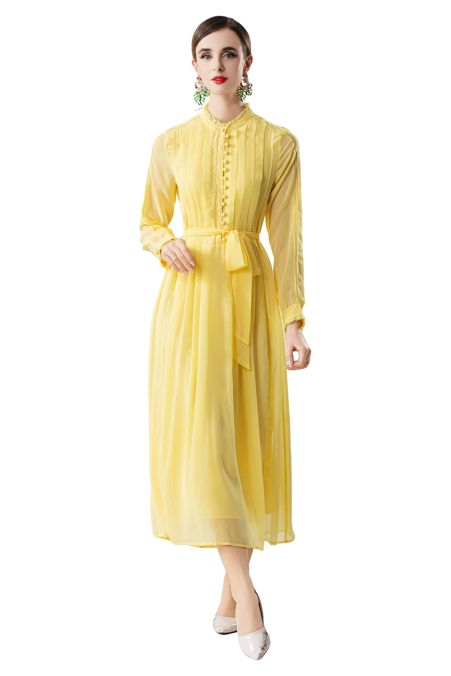 Women's 2026 Spring Fall Midi Dress with Belt Casual Long Sleeve Lace V Neck Pleated A Line Flowy Dresses for Work or Daily