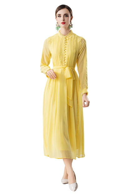 Women's 2026 Spring Fall Midi Dress with Belt Casual Long Sleeve Lace V Neck Pleated A Line Flowy Dresses for Work or Daily