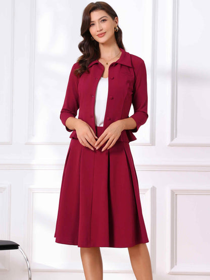 Allegra K Business Skirt Suit Sets for Women's 2 Piece Outfits Office 3/4 Sleeve Blazer Jacket Pleated Skirts
