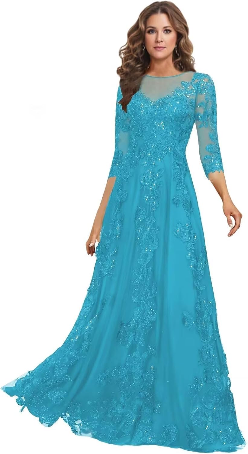 Lace Mother of the Bride Dress Long for Wedding Party Guest 3/4 Sleeves Formal Evening Gown JH028