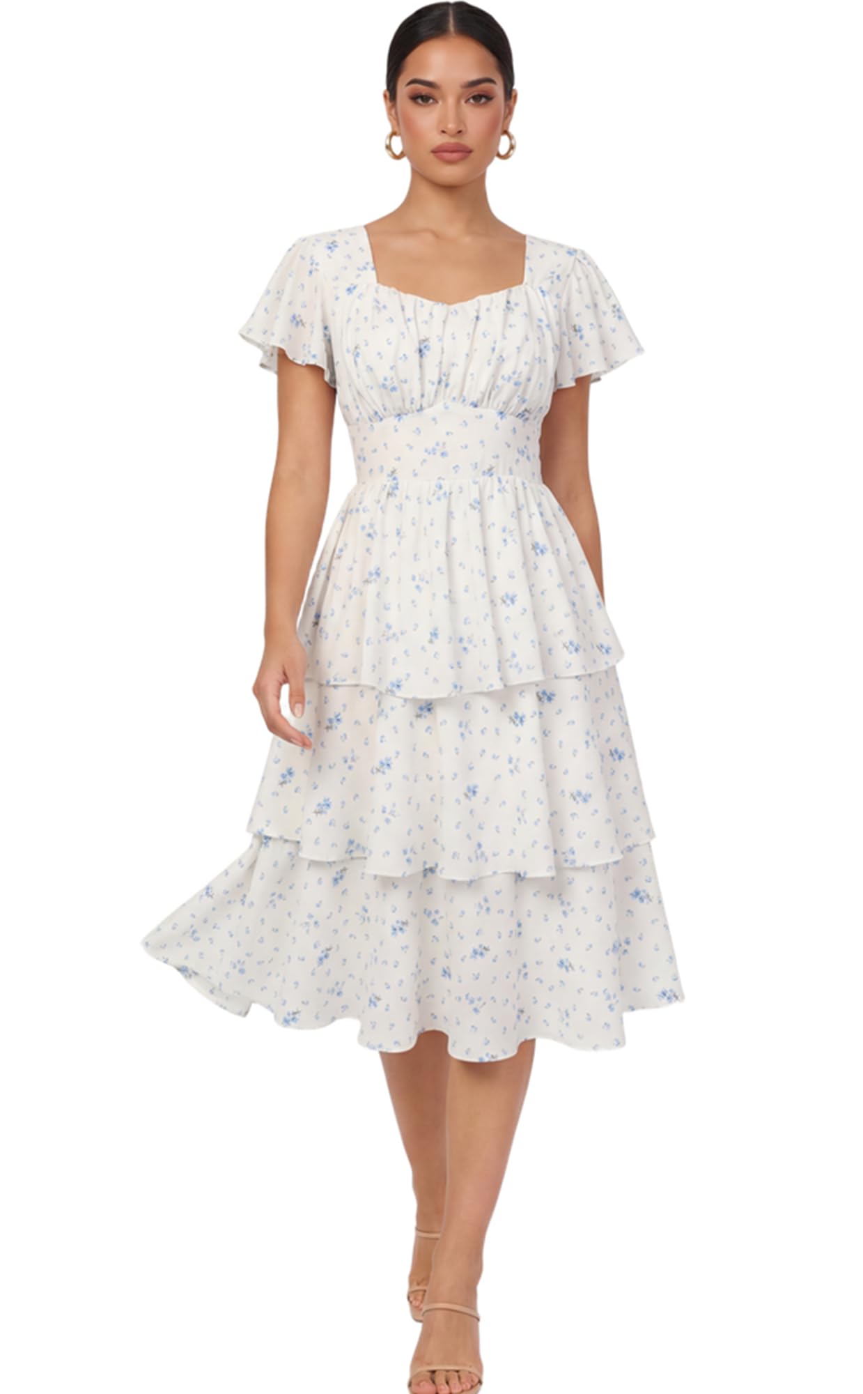Belle Poque Women's Vintage Square Neck Dress 2026 Summer Short Sleeve Layered Tiered Ruffle A-line Swing Midi Dress
