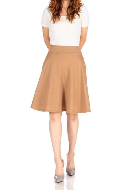 Dani's Choice High-Waisted Cotton Blend Skirt with Pockets - Knee Length A-line Flare for Business and Casual Wear