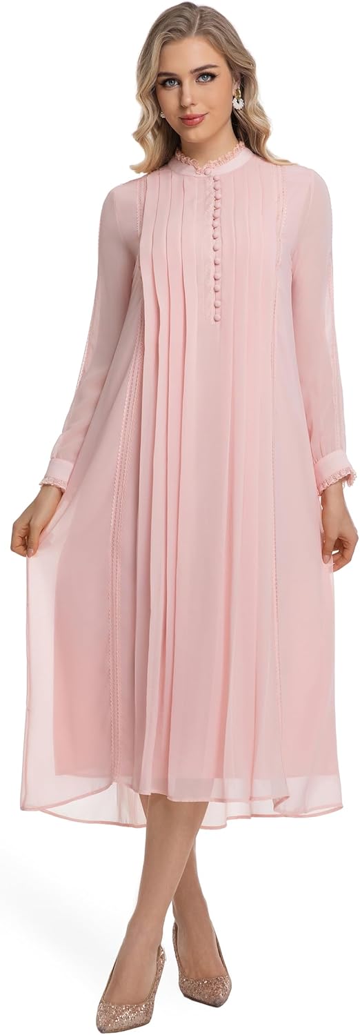 Women's 2026 Spring Fall Midi Dress with Belt Casual Long Sleeve Lace V Neck Pleated A Line Flowy Dresses for Work or Daily