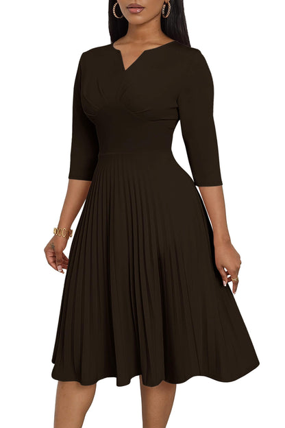 CLOCOR Midi Dresses for Women, 3/4 Sleeve A Line Pleated Casual Dress V Neck Church Cocktail Wedding Guest Dress