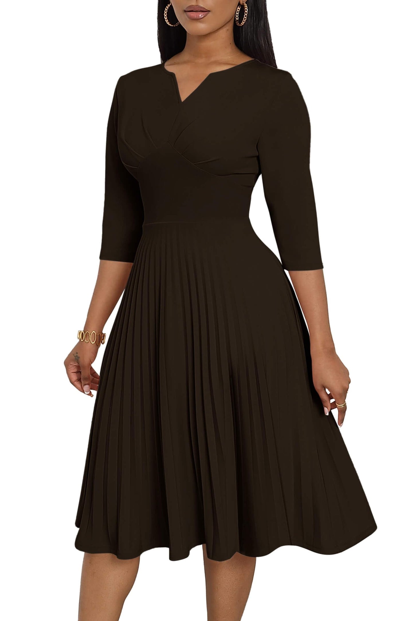 CLOCOR Midi Dresses for Women, 3/4 Sleeve A Line Pleated Casual Dress V Neck Church Cocktail Wedding Guest Dress