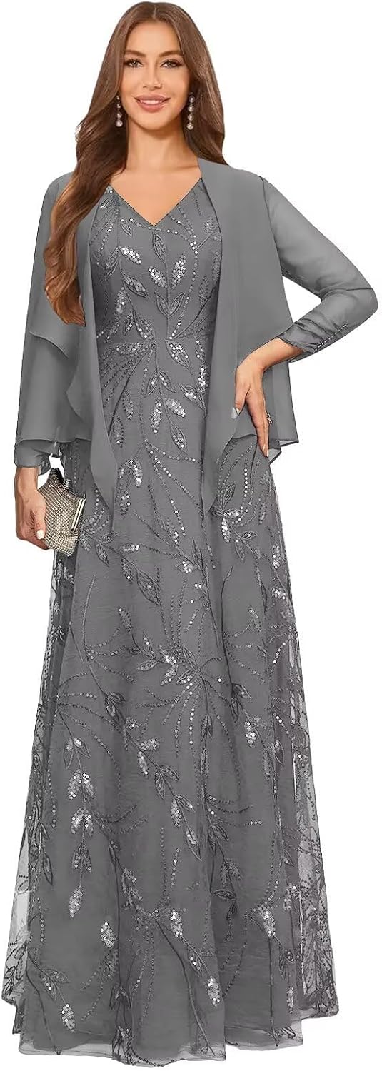 2 Piece Sequin Lace Mother of The Bride Dresses for Women with Jacket V Neck Long Formal Dresses Evening Gown