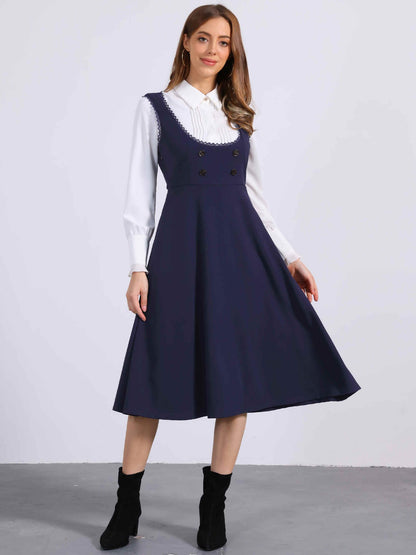 Allegra K Vintage Pinafore Dress for Women's 1950s Lace Trrim Midi Overall Dress with Pockets