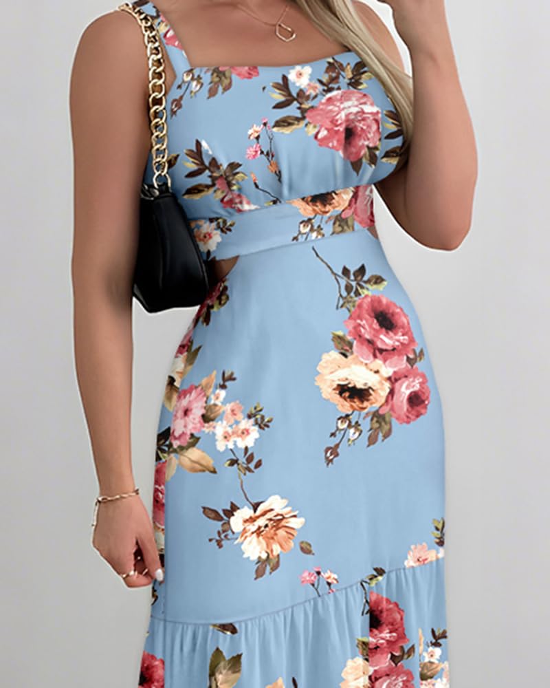 CHICME Summer Dresses for Women 2026 Sleeveless Casual Boho Maxi Dress Square Neck Cut Out Floral A Line Dress