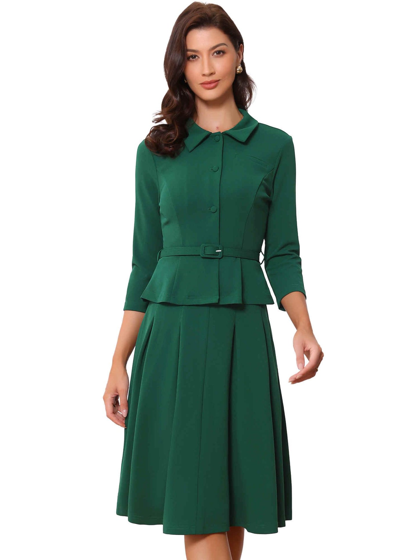 Allegra K Business Skirt Suit Sets for Women's 2 Piece Outfits Office 3/4 Sleeve Blazer Jacket Pleated Skirts