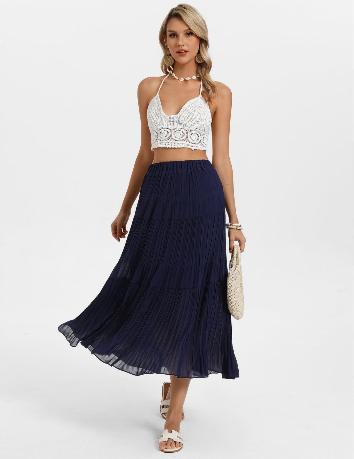 Kate Kasin 2026 Women's Chiffon Maxi Skirt, High Waist Pleated Skirts, Summer Flowy Long Skirts with Underskirt